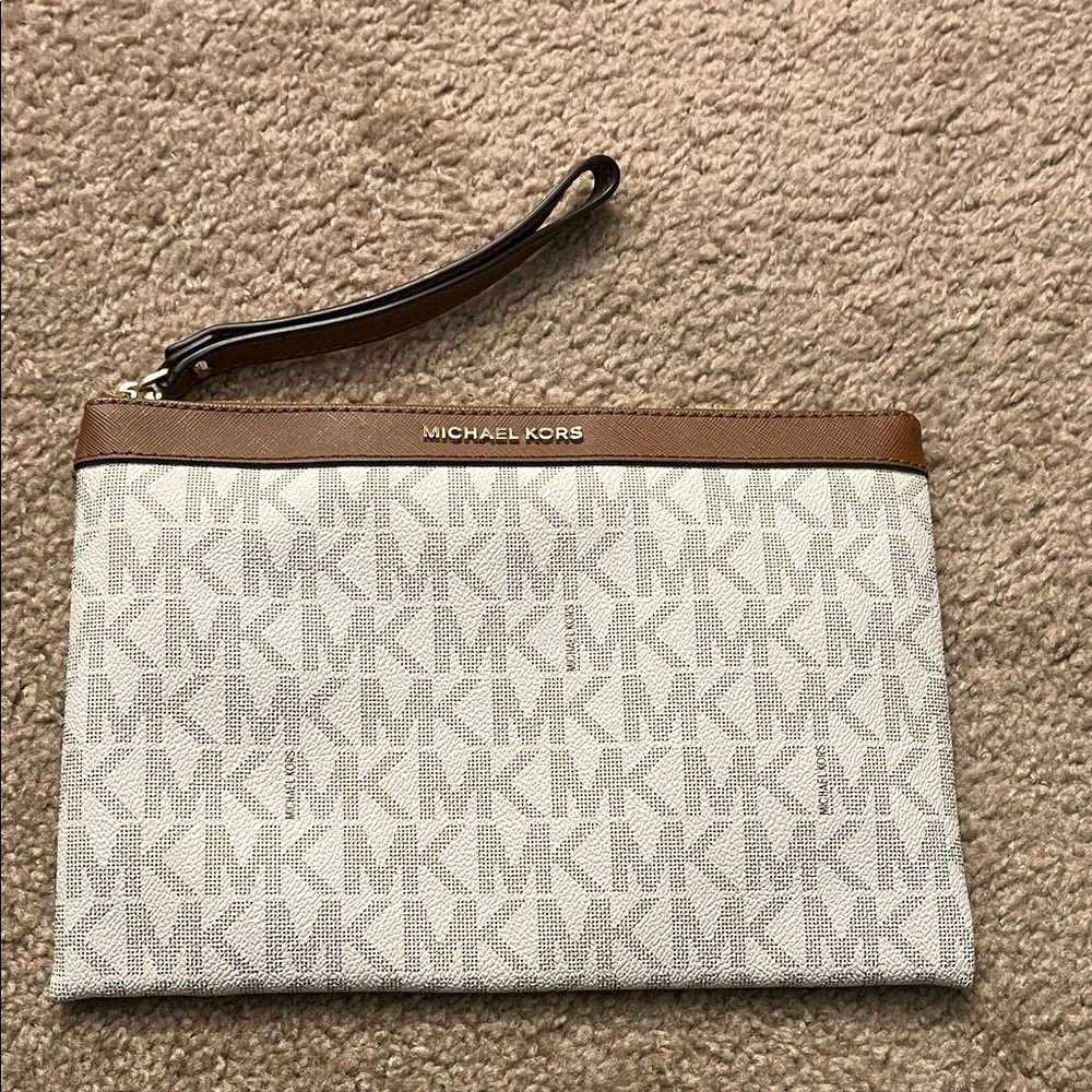 Michael Kors White and Brown Monogram Clutch